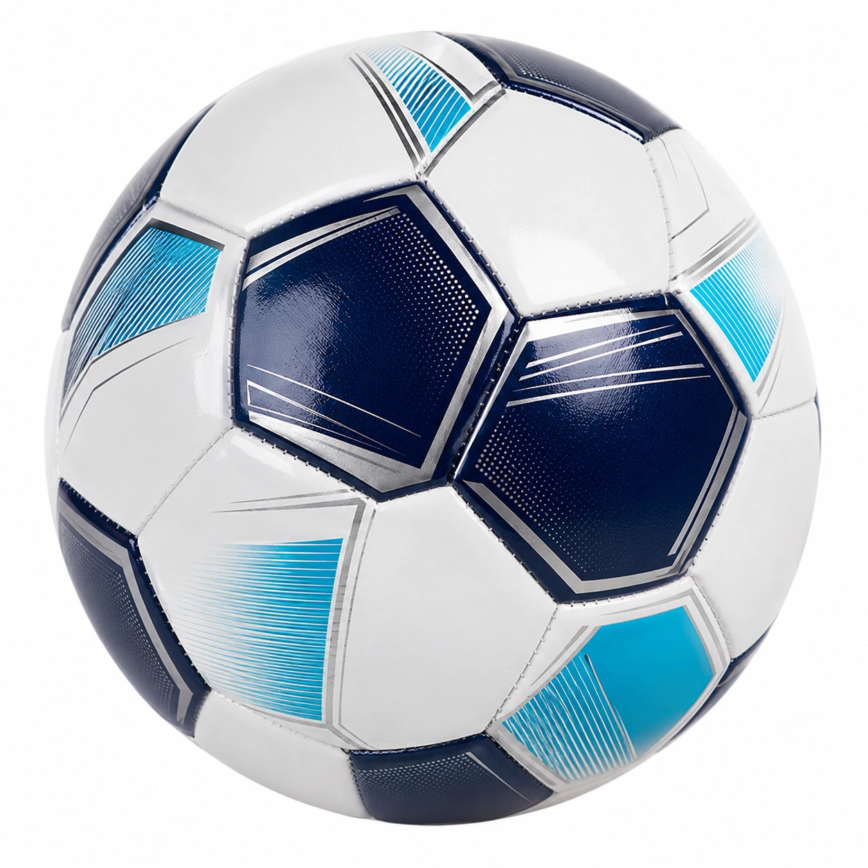 Pallone da calcio blu e bianco con struttura multi-pannello
